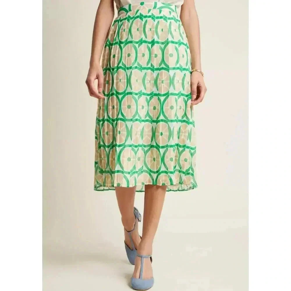 ModCloth Stroke of Genial Retro Pleated Midi Skirt size L Citrus Print Green